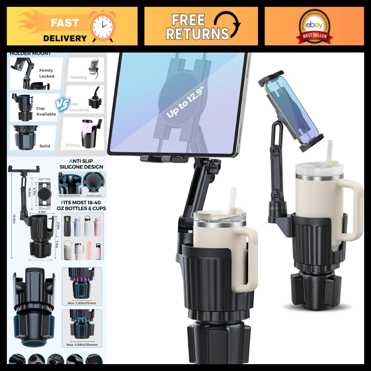 2-in-1 Cup Holder Tablet Mount, Adjustable 15" Arm & 360° Rotation, Universal Fi