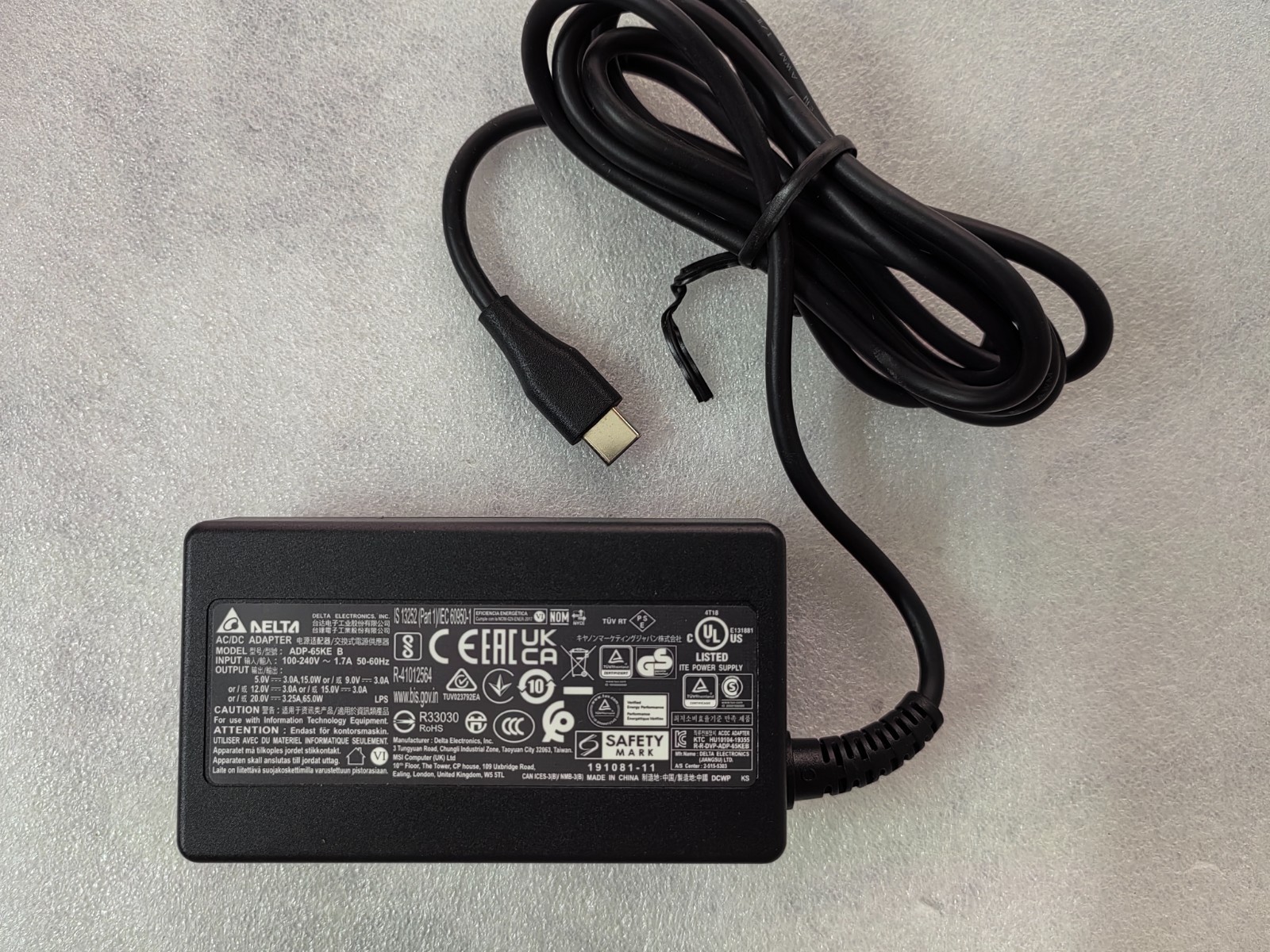 Delta/MSI 20V 3.25A ADP-65KE B For MSI Modern 14 C13M 65W USB-C PD Charger OEM