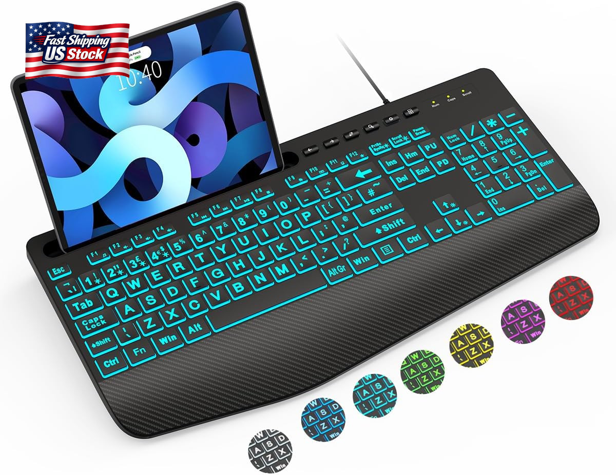 SABLUTE Large Print Wired Keyboard, Ergo Wrist Rest, 7 Colors Backlight