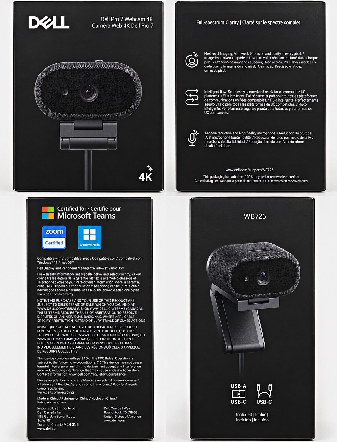 Dell Pro 7 WB726 4K UHD Webcam 60FPS AI Noise Reduction Windows Hello NEW