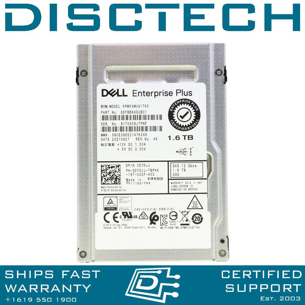 Dell D7KJJ 1.6TB SAS 12Gbps SSD Write Intensive WI 2.5 Inch Kioxia KPM5XMUG1T60