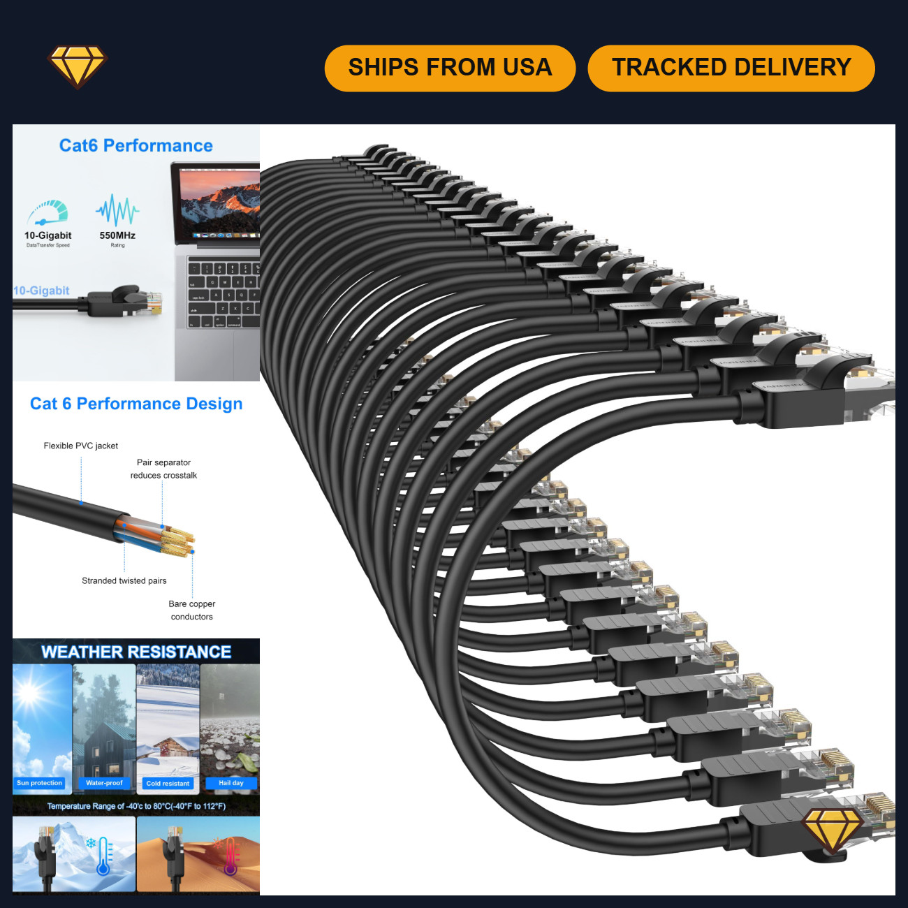 High-Speed Cat 6 Ethernet Cable 3ft (24-Pack) - 10Gbps Snagless Patch Cables, Fl