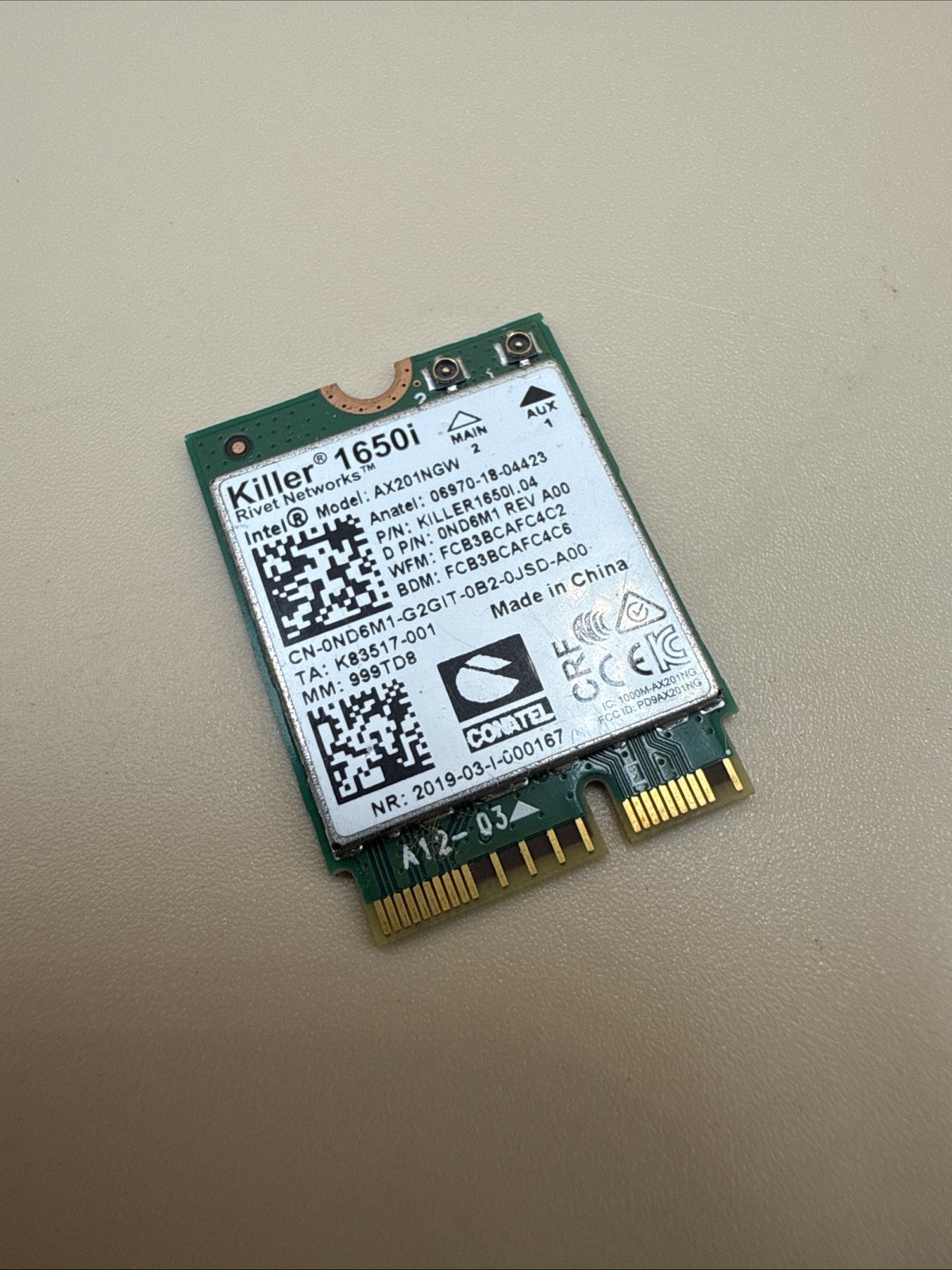 Intel Killer 1650i Wireless Wi-Fi 6 Bluetooth 5 AX201NGW ND6M1 0ND6M1 W83