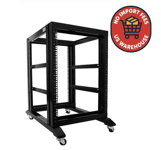 15U 4 Post Open Frame 19" Server Steel Rack 24" Deep With Supporting rails