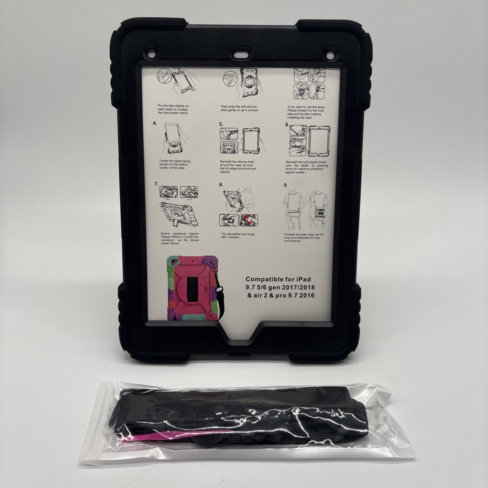 Black Hard Case Compatible For Ipad 9.7 5 6 Generation Air 2 & Pro 9.7 Strapped