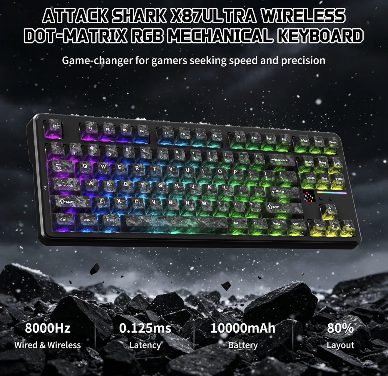 Attack Shark X87ULTRA Wired/Wireless Illuminated Keyboard, Carbon Fiber