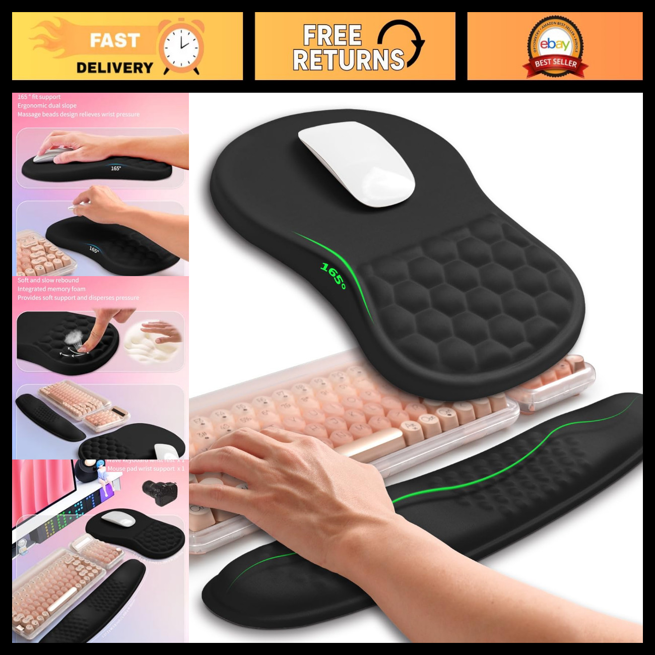 2-in-1 Ergonomic Wave Keyboard Wrist Rest & Mouse Pad Support - Memory Foam, Bla