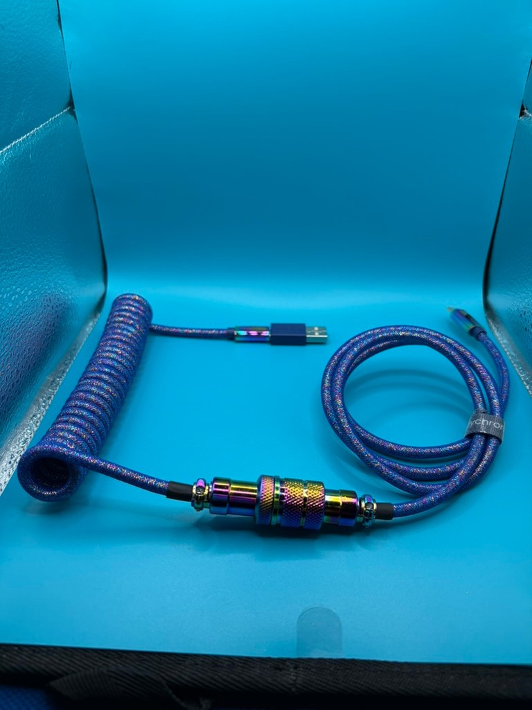 Rainbow Blue Keychron Coiled Aviator USB-C Keyboard Cable w/ USB-A Adapter