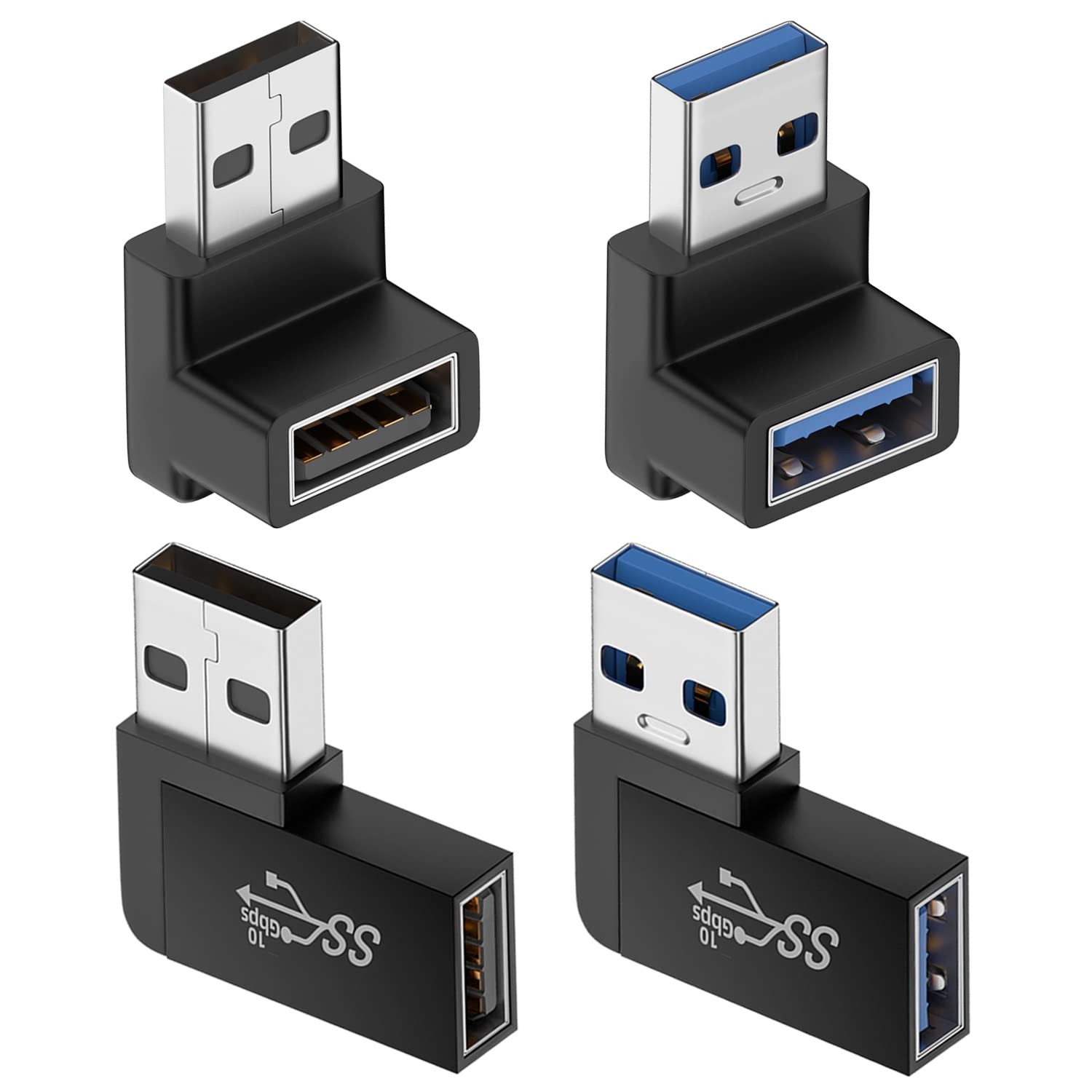 90 Degree USB 3.0 Adapter (4 Pack), Vertical Up and Down Angle, Horizontal Le...