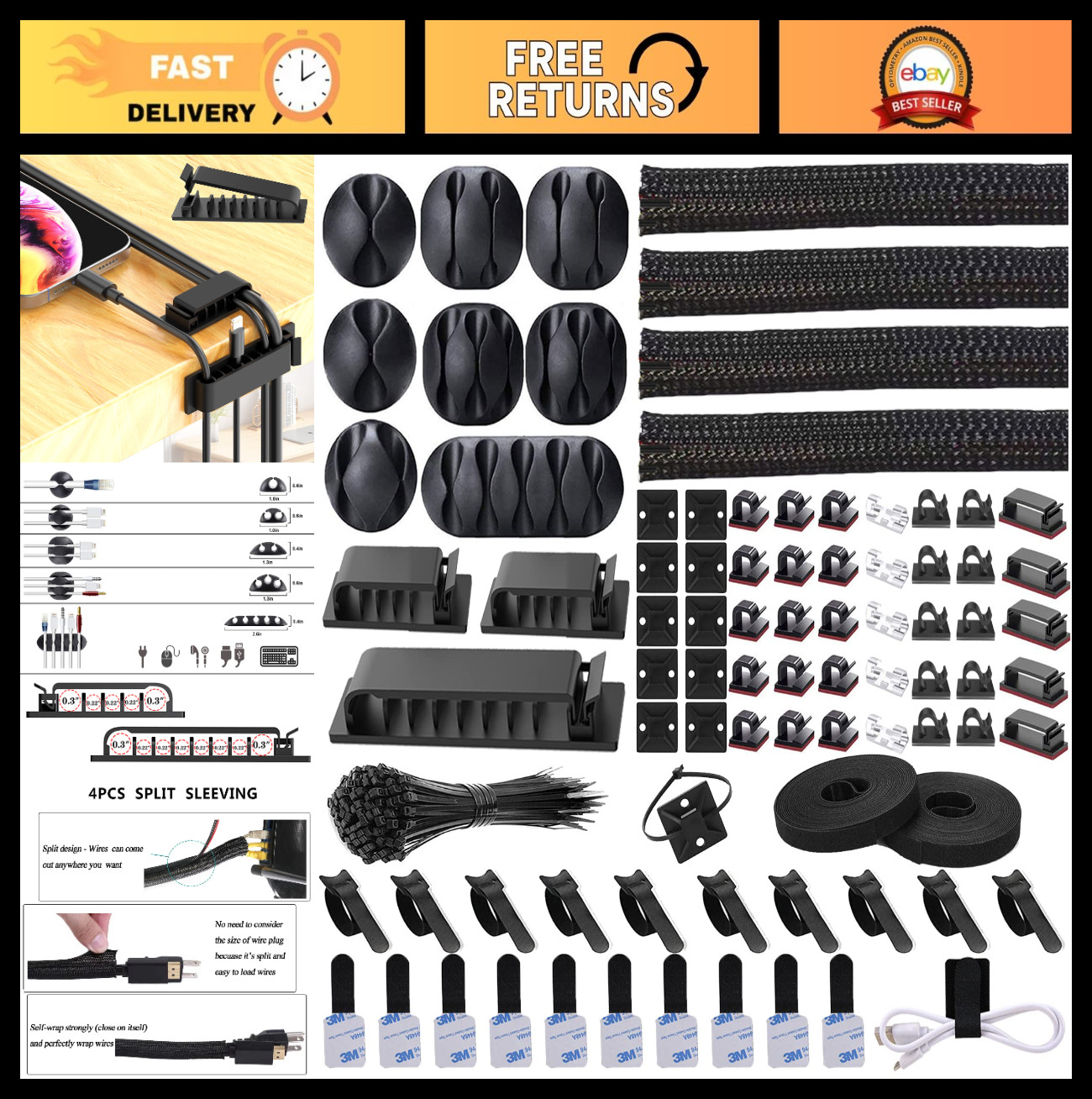 192 PCS Cable Management Kit - Wire Organizer Sleeve, Cord Clips, Cable Ties & S