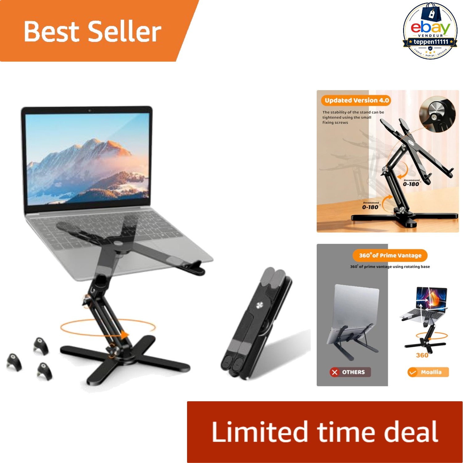 Rotating Laptop Stand Black Aluminum 360 Degree Adjustable Foldable Desk Holder