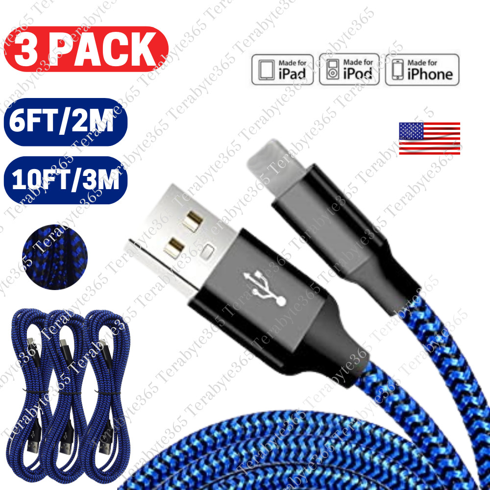 3Pack 10Ft 6Ft USB Fast Charger Cable For iPhone 14/13/12 Pro/11/X Charging Cord