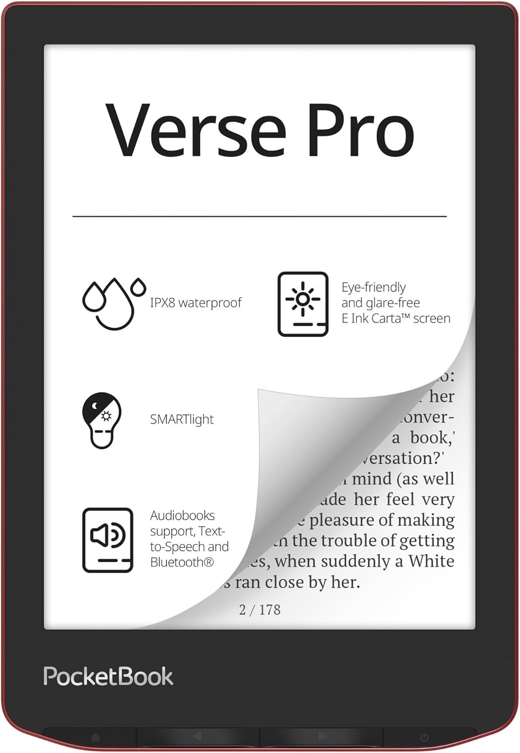 PocketBook Verse PRO 6" E-Ink HD eReader and Case bundle, Waterproof, Audio, RED
