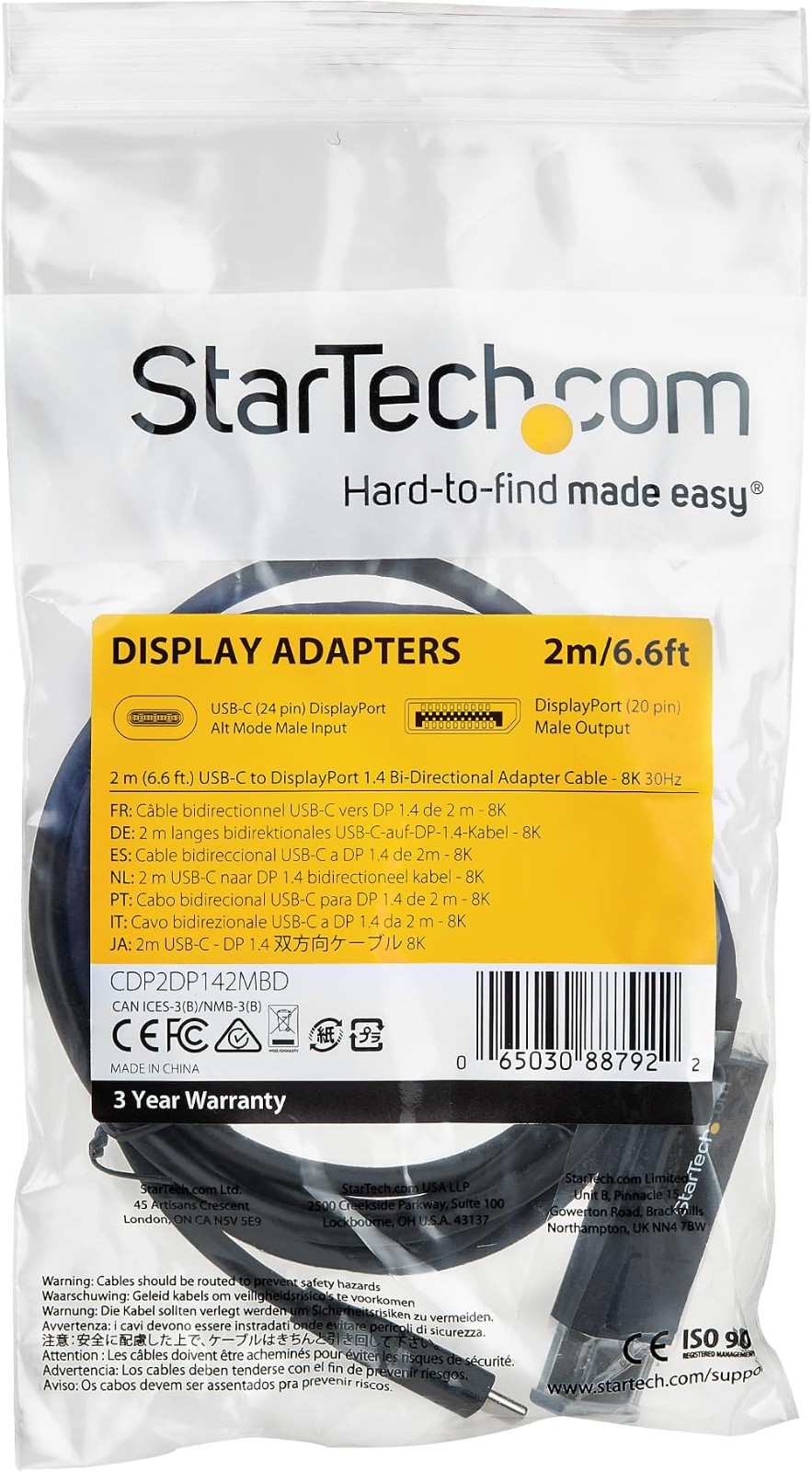 StarTech CDP2DP142MBD USB-C to DisplayPort Cable 6.6ft/2M 8K 60Hz Bidirectional