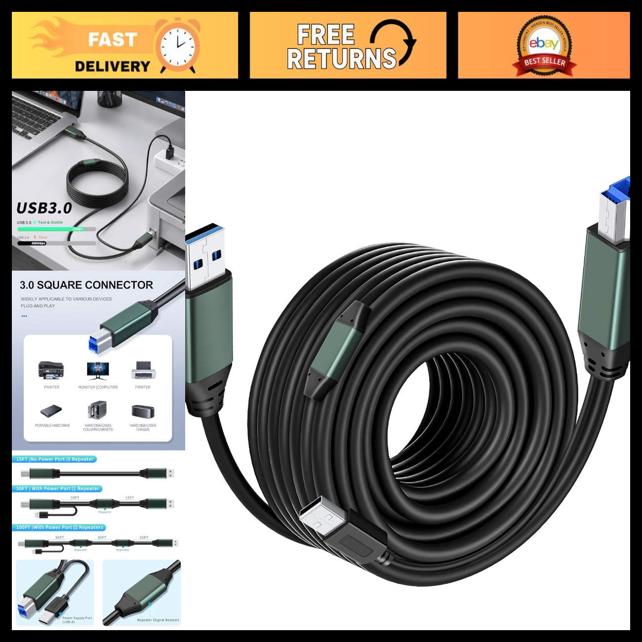 USB 3.0 Printer Cable A Male to B Male 50ft Compatible with Printers, Scanners,