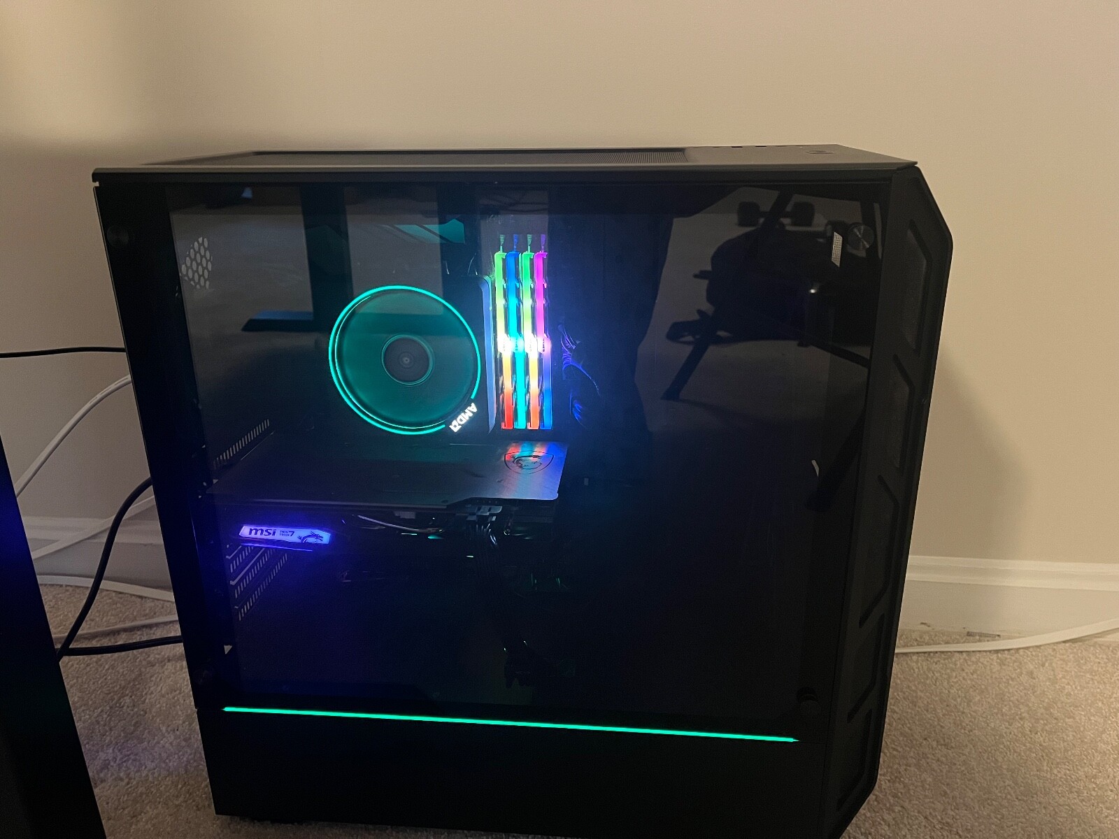 Custom gaming rig. AMD Risen 7, 32 GB Ram, 1TB SSD. Glass panel with custom RGBs