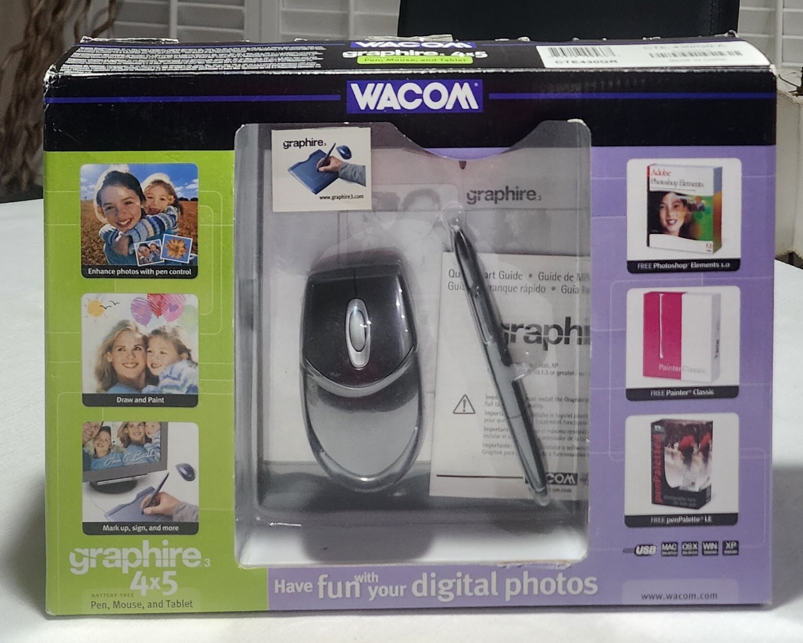 Wacom Graphire3 4x5 USB Tablet,Pen, Mouse & Software Bundle CTE430GR New Sealed