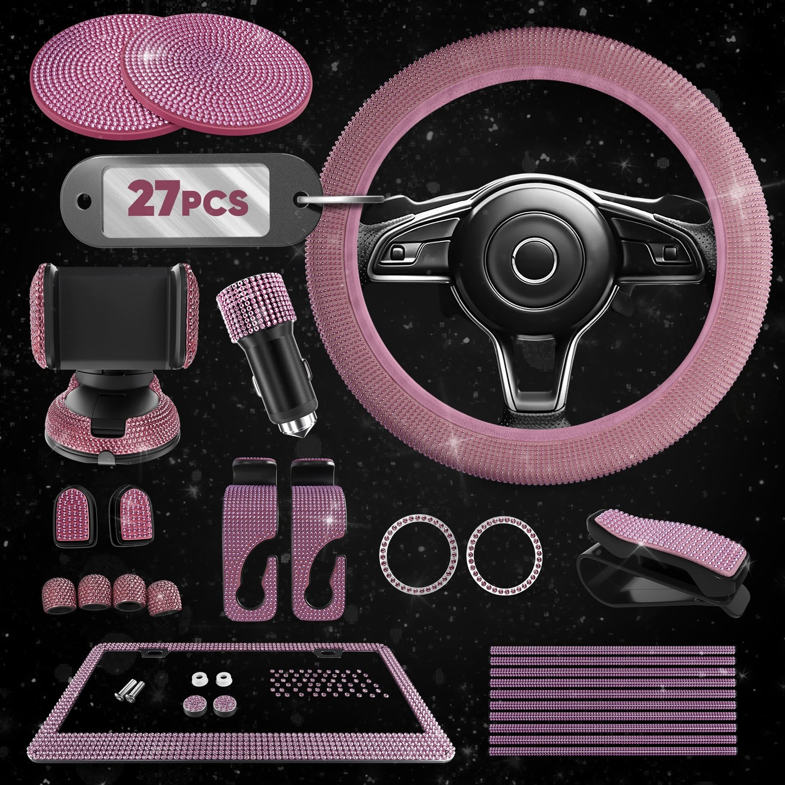 Bling Car Accessories Set Pink 27 Pieces SD-1003 14.5-15" Steering Wheel Vents
