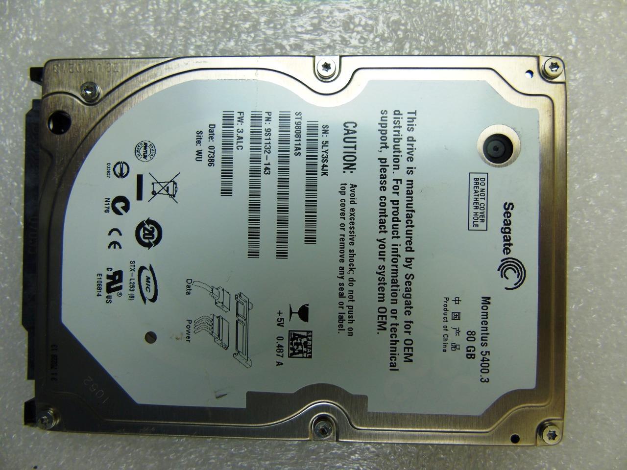 Seagate ST980811AS 80GB Laptop SATA  Hard Drive HDD 2.5", 9S1132-143, FW: 3.ALC