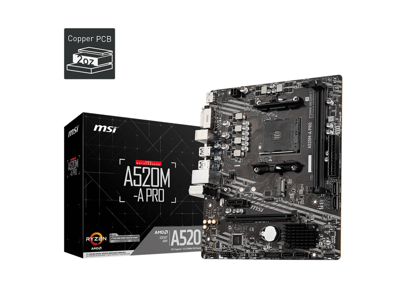 MSI A520M-A PRO AM4 AMD A520 SATA 6Gb/s USB 3.0 Micro ATX AMD Motherboard