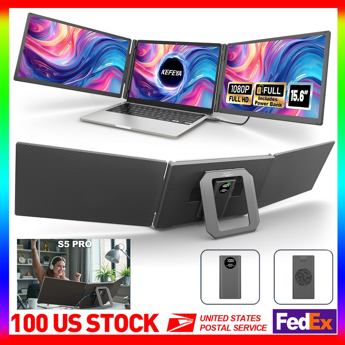 15.6" Triple Laptop Screen Extender Work From Home w/ 10000mAh Power Bank 1080P