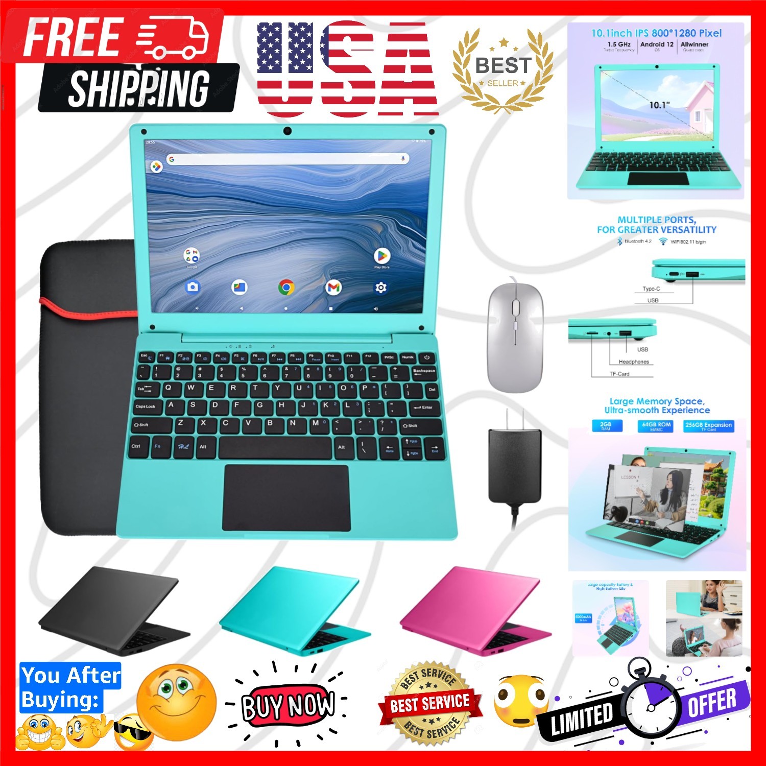 10.1 Inch Mini Netbook, Quad-Core Processor Laptop Computer, 2GB Memory 64GB ...
