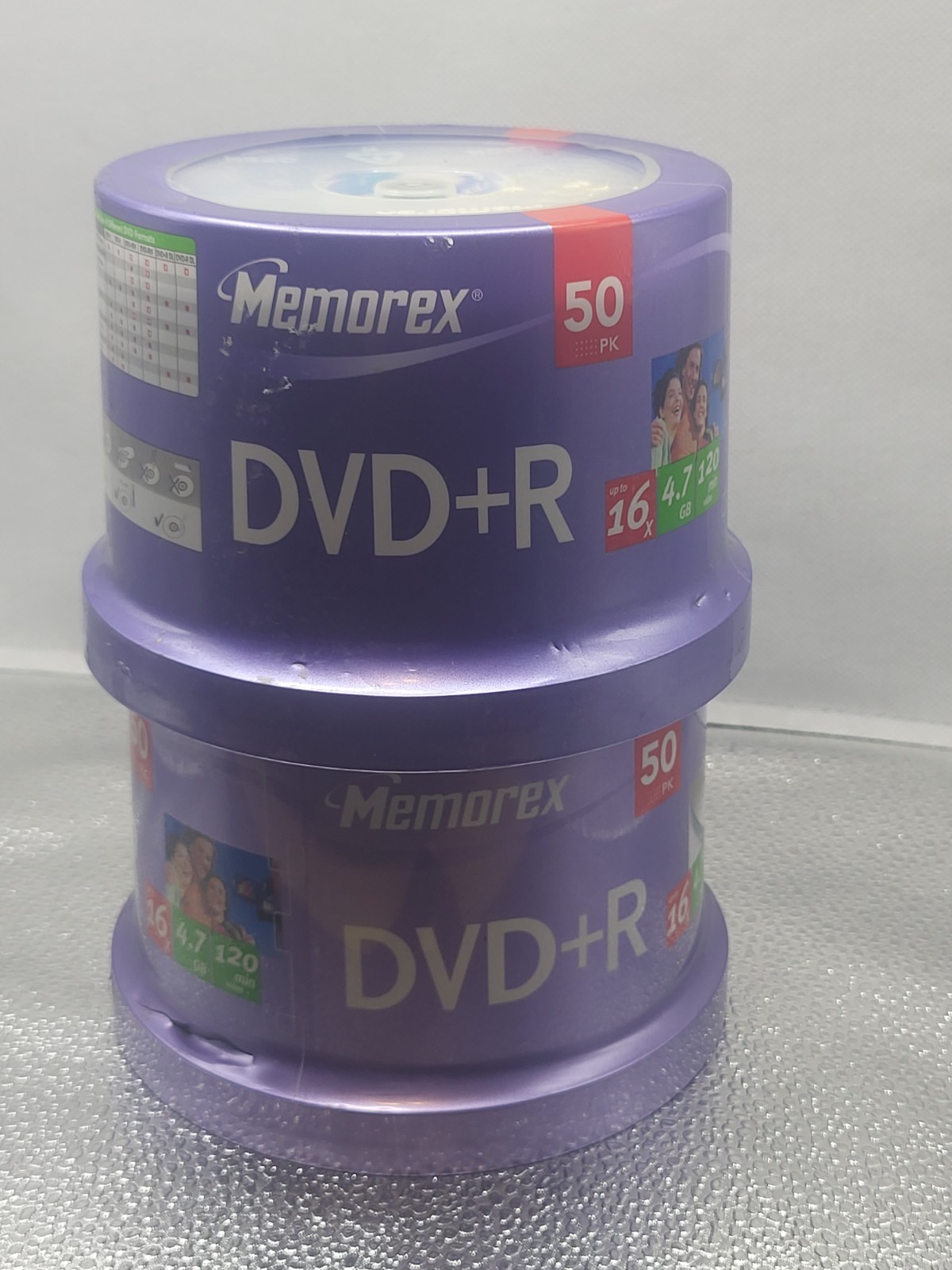 New And Sealed Memorex 50 Pack DVD+R 16X 4.7 GB 120 Minutes Spindle  Lot Of 2 