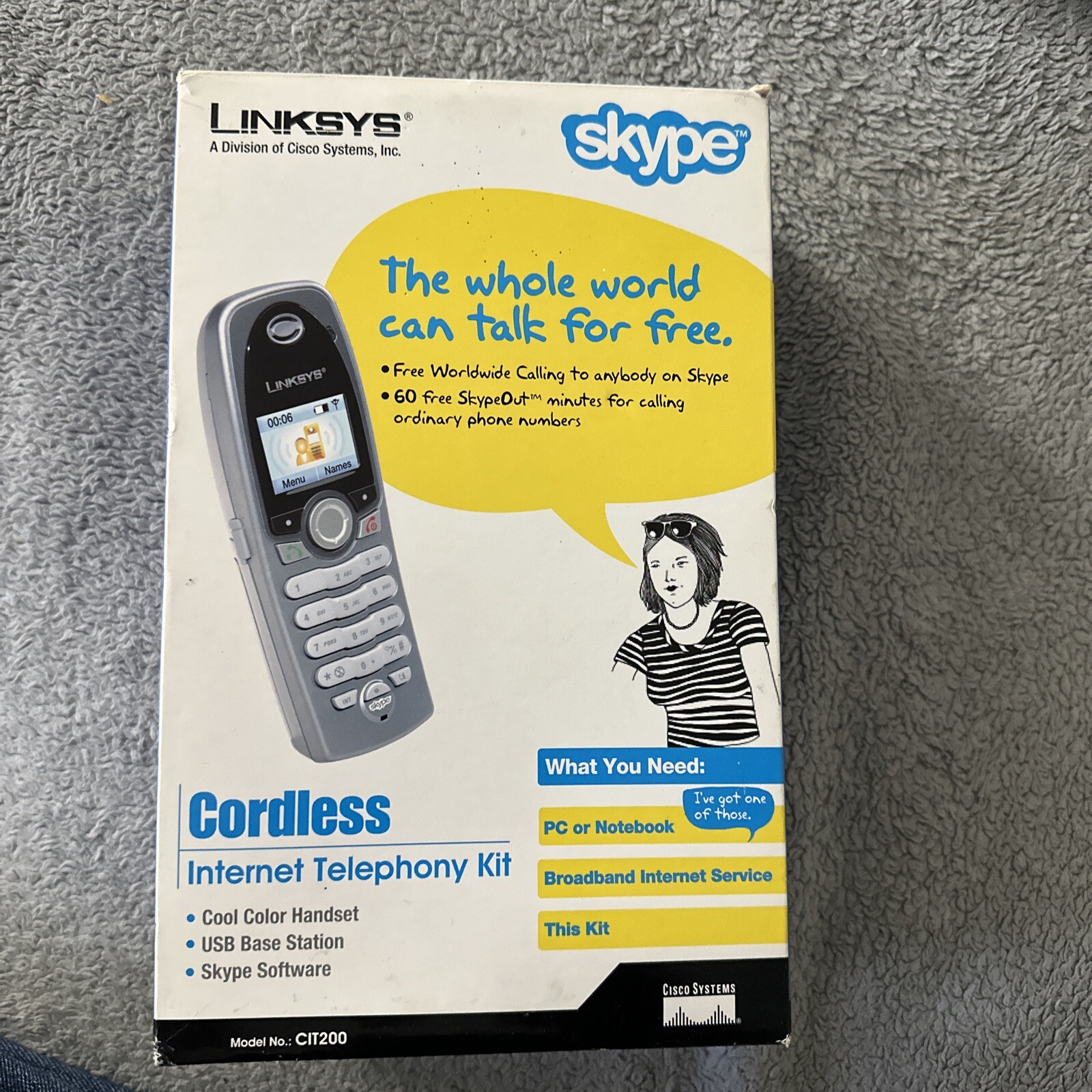 Linksys CIT200 Cordless Skype Phone with Handset & Charging Base Tested Working 