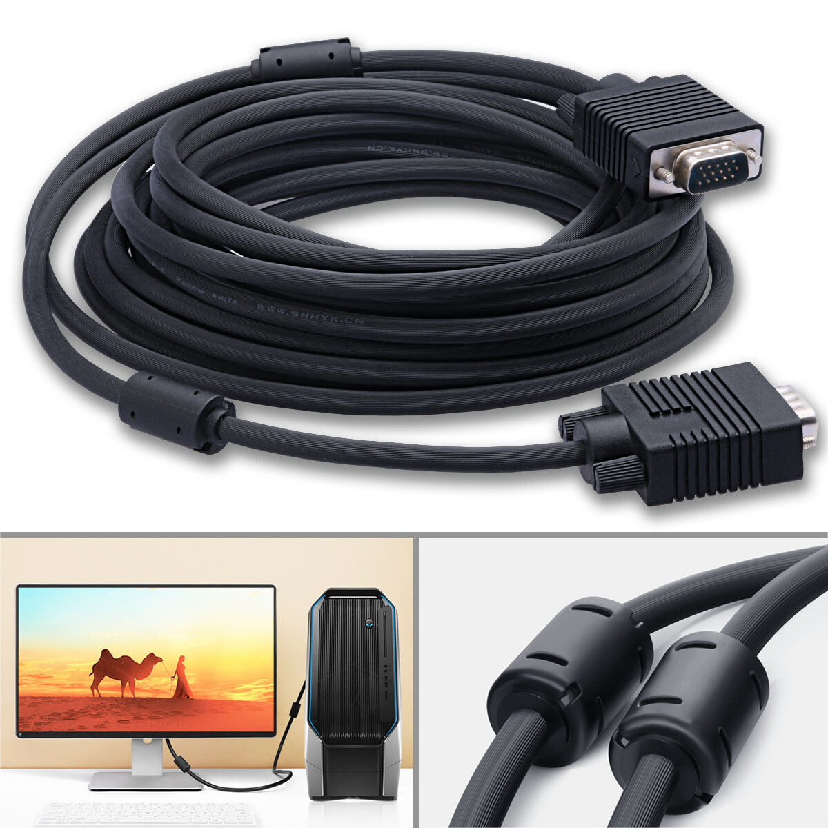 Full HD 1080P VGA Cable 15FT with Dual Ferrite Cores & Standard 15-Pin Male Wire