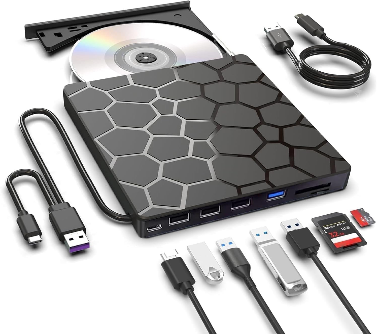 8 in 1 External CD DVD Drive USB 3.0 and Type-C Disc Reader Burner Player
