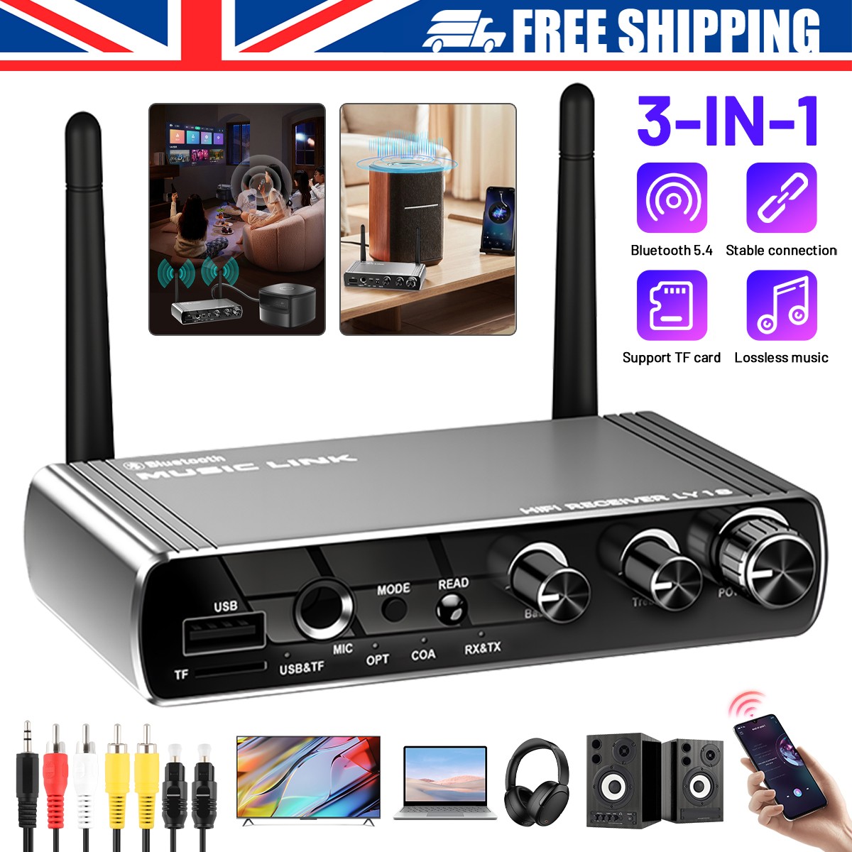 Bluetooth 5.4 Home Stereo Audio Receiver AUX USB Optical HD Music to RCA Adapter
