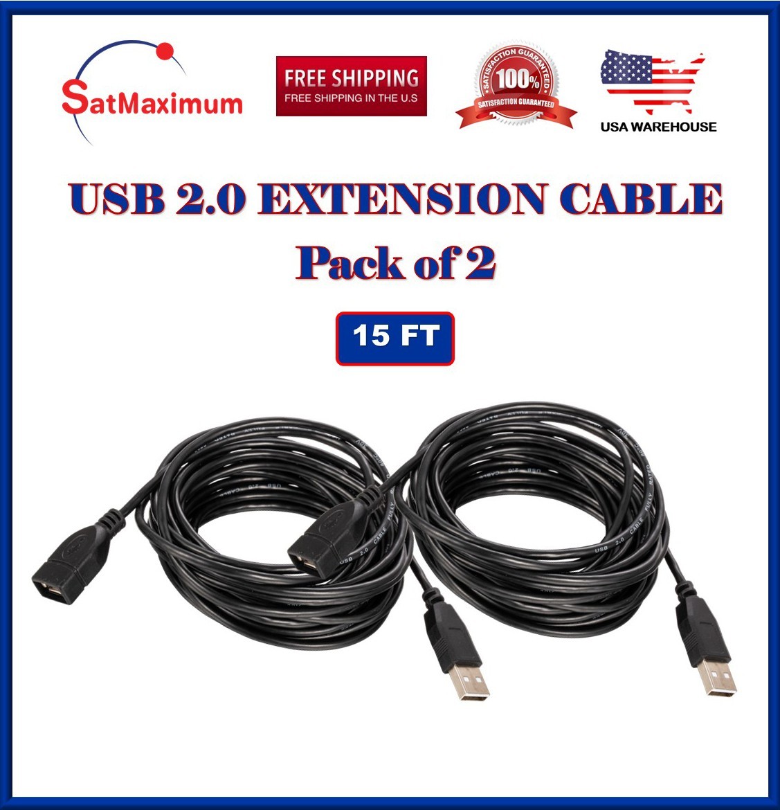 2-Pack – 15FT USB 2.0 Extension Cable A Male to A Female –High-Speed Cord Black