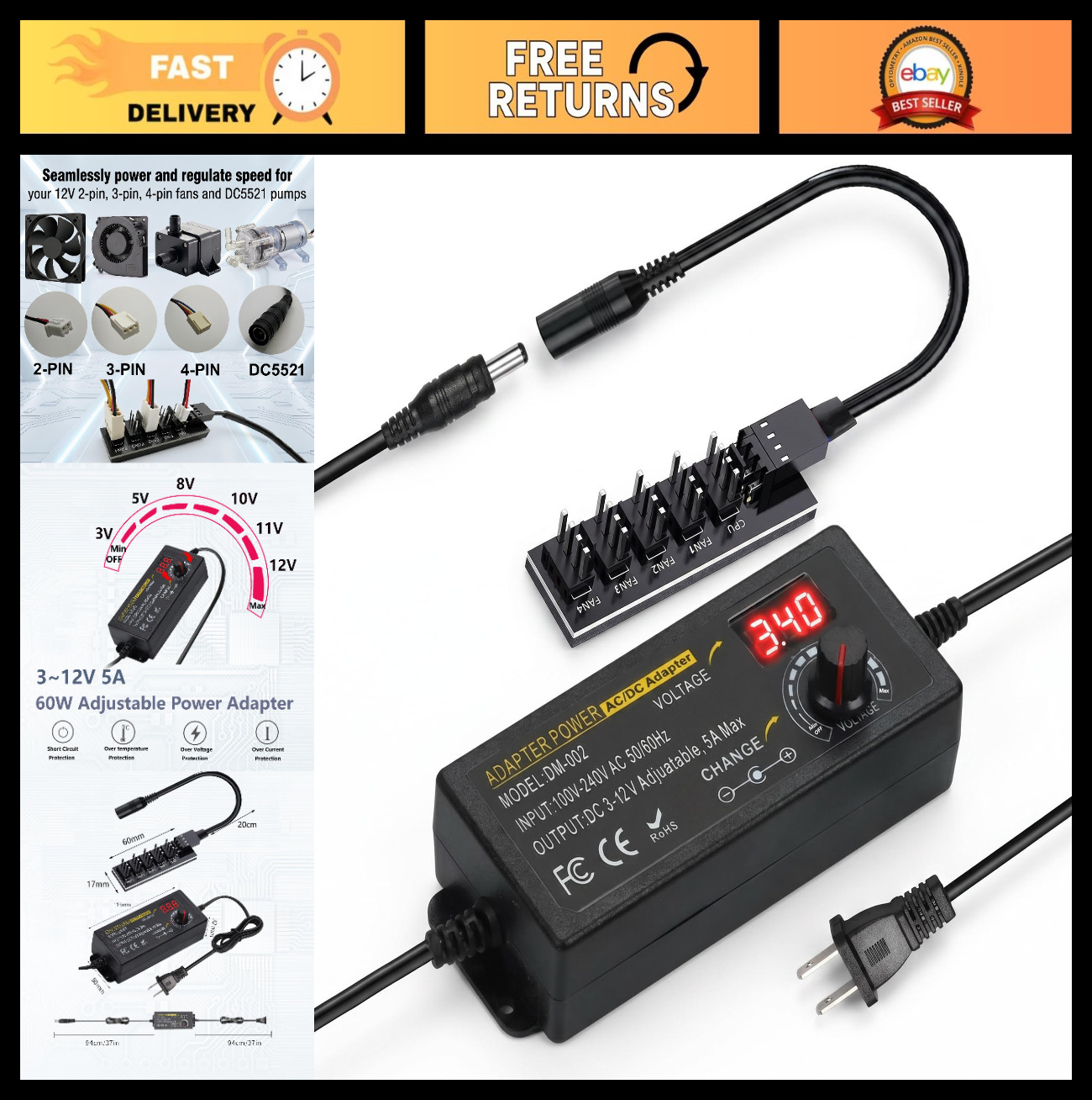 60W 12V PC Fan Speed Controller with AC Plug, 5X 4Pin Hub, Volt Display, DIY Coo