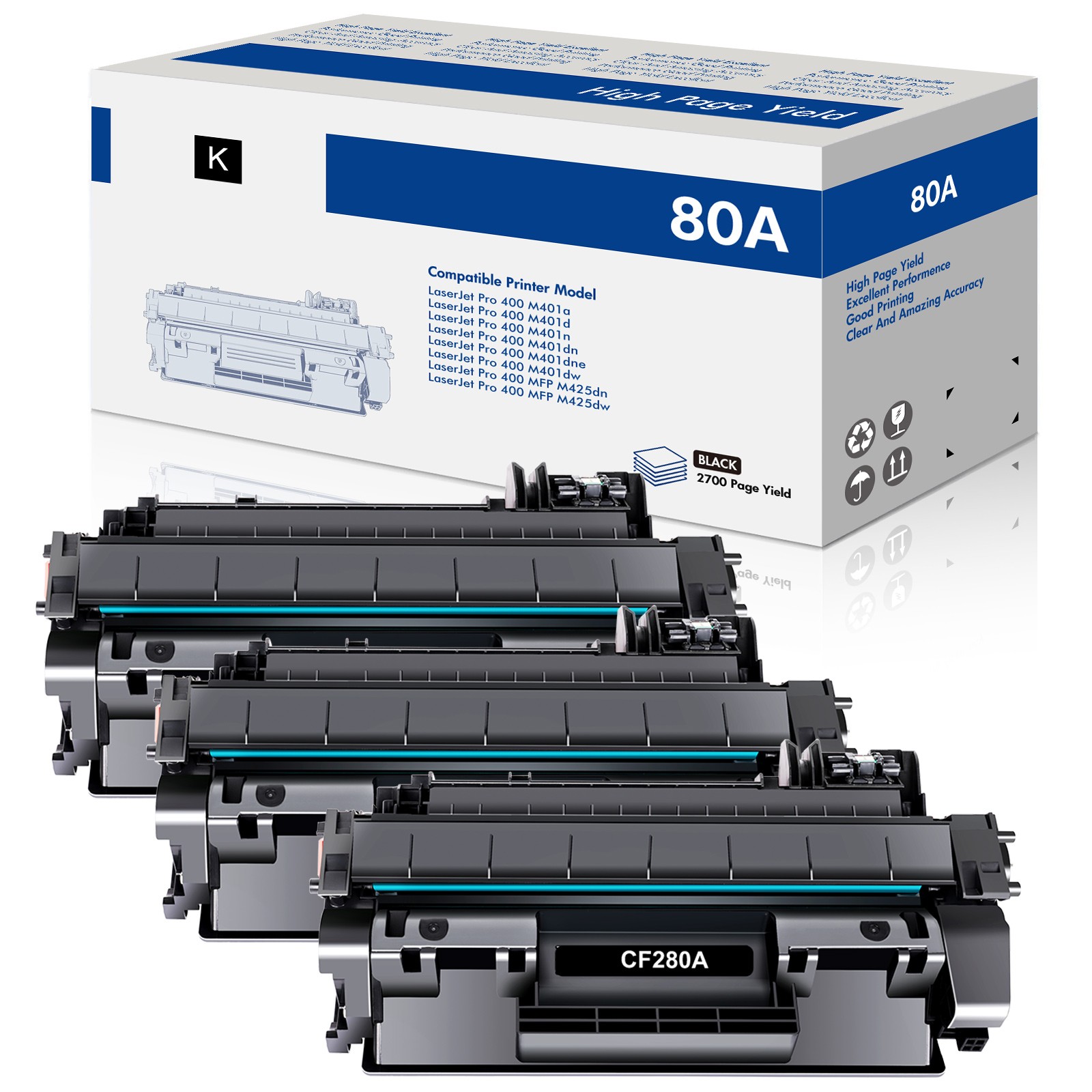 3x CF280A Toner Compatible With HP 80A LaserJet Pro 400 M401n M401dn MFP M425dn