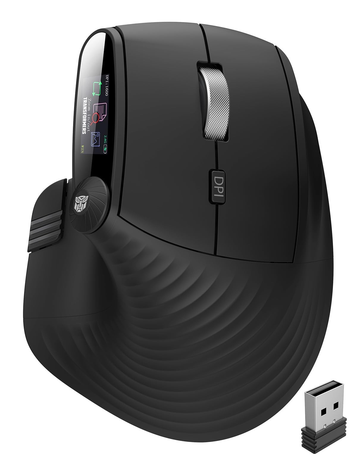 Vertical Ergonomic Mouse with LED Screen & Knob Control Black