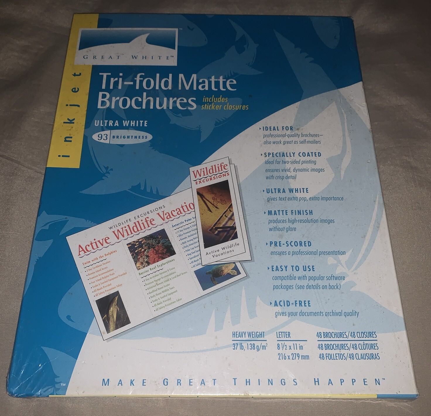 NEW SEALED GREAT WHITE TRI-FOLD MATTE BROCHURES ULTRA WHITE BOX 48 + CLOSURES