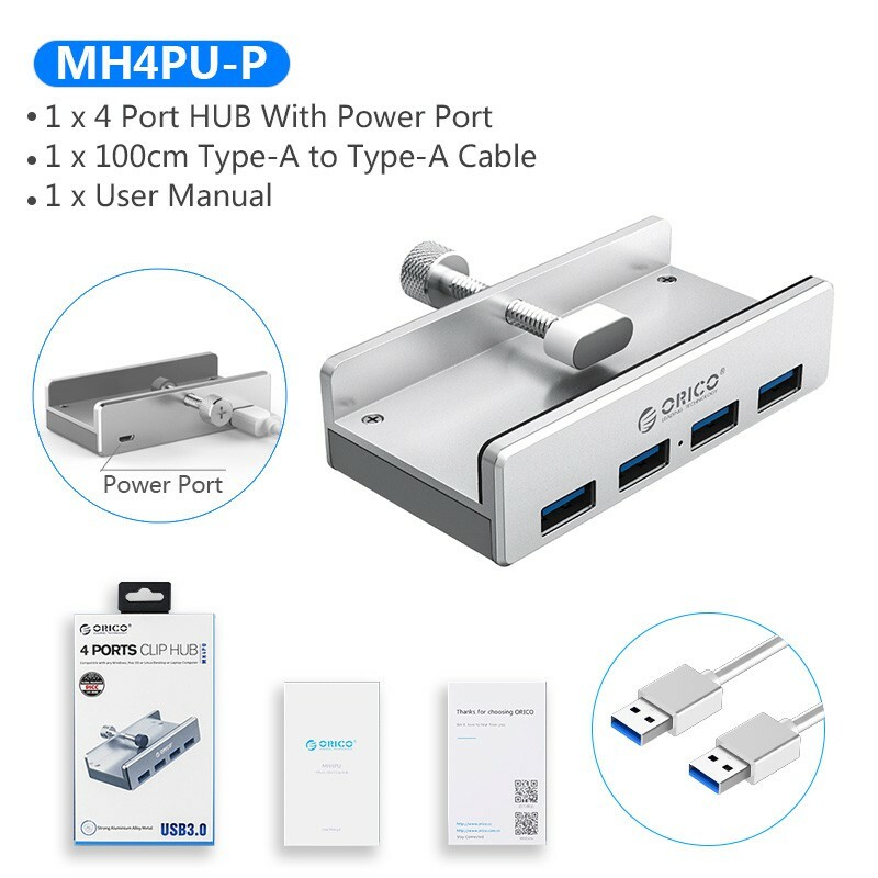 ORICO Aluminum 4 Ports USB 3.0 HUB Powered w/ 5FT Data Cable for iMac/Laptop/PC