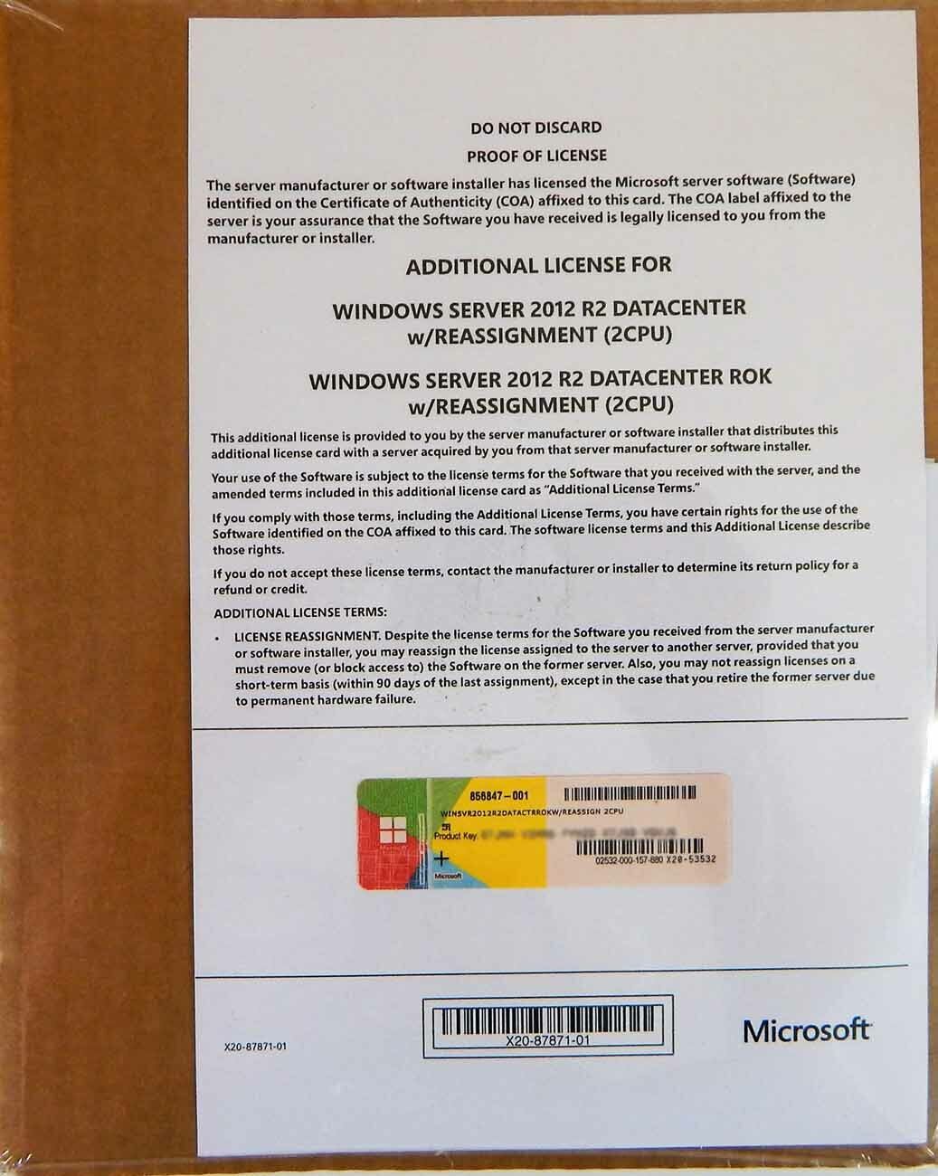 MS Windows Server 2012 R2 DATACTR ROK 2-CPU 854550-B21 w/ Reassign (DVD+Key Code