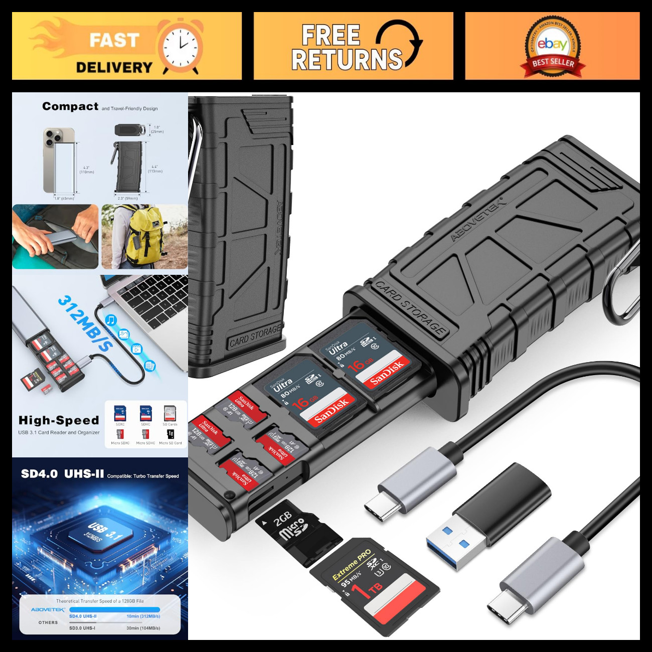 2-in-1 High-Speed SD/Micro SD Card Reader & Holder, USB 3.1 Type-C, UHS-II, Comp