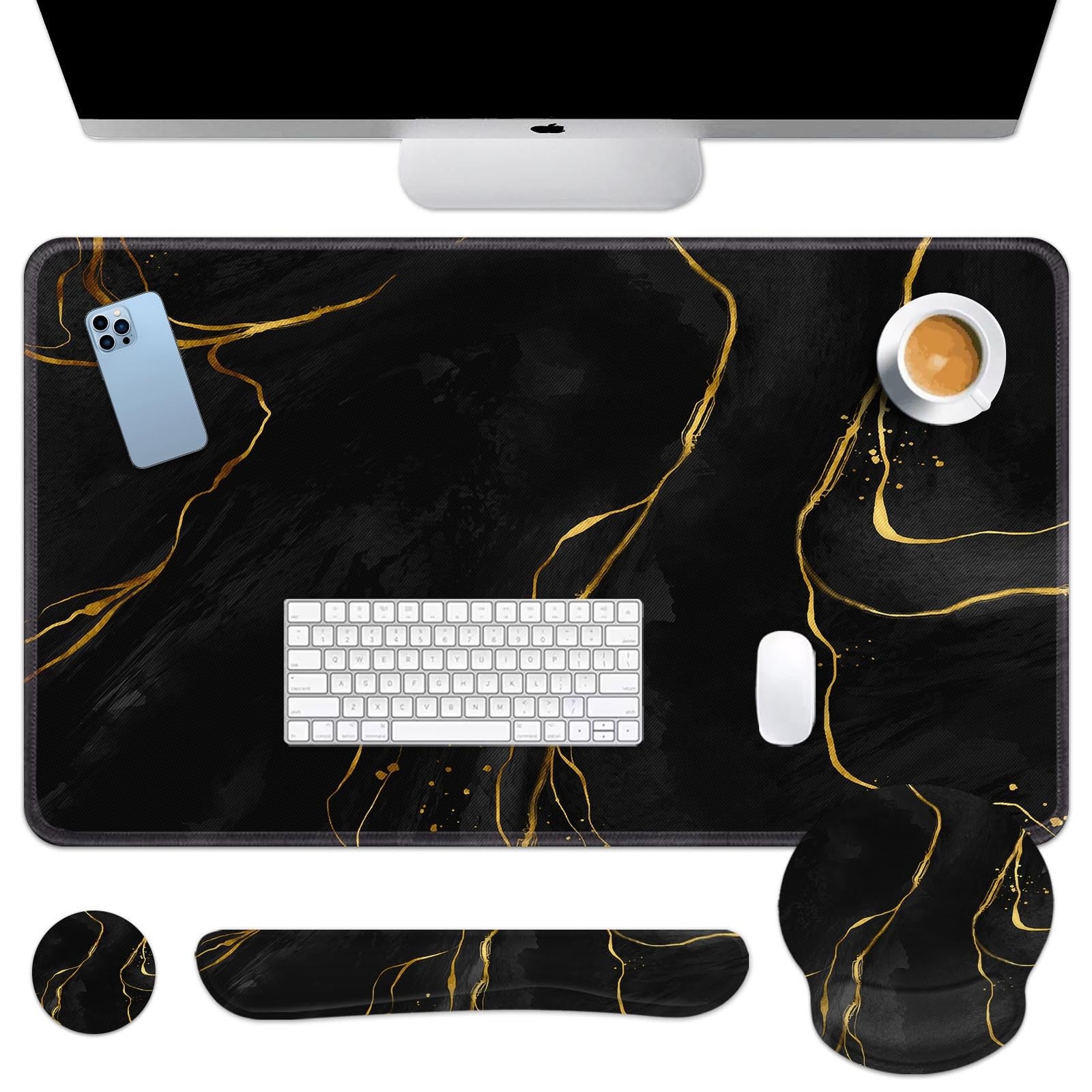 Britimes Keyboard Mouse Pad Set, 4 in 1 Desk Mat Set, Marble Black Gold