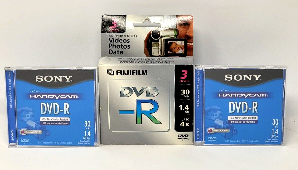 5x Handycam Mini DVD-R 30 min 1.4 Gb ( 2 Sony & 3 FujiFilm )Sealed New Unopened