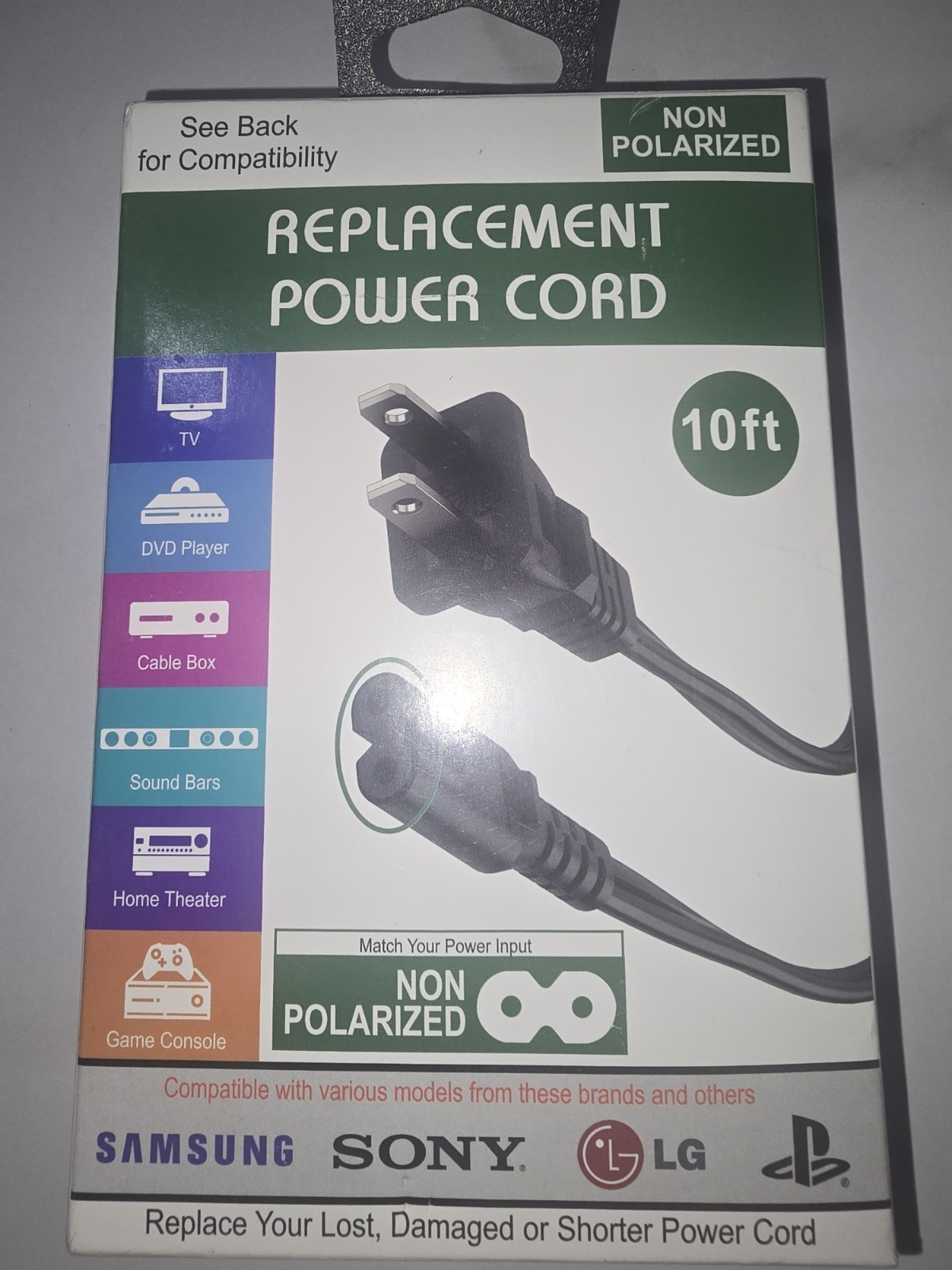 Universal Replacement Power Cord Cable 10FT Non-Polarized Vizio Samsung PS4