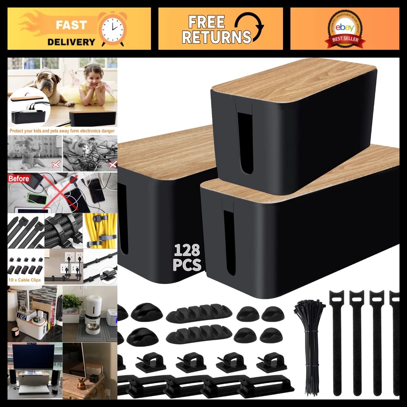 128PCS Cable Management Kit - 3 Pack Cord Hider Boxes, Wire Organizer for Home &