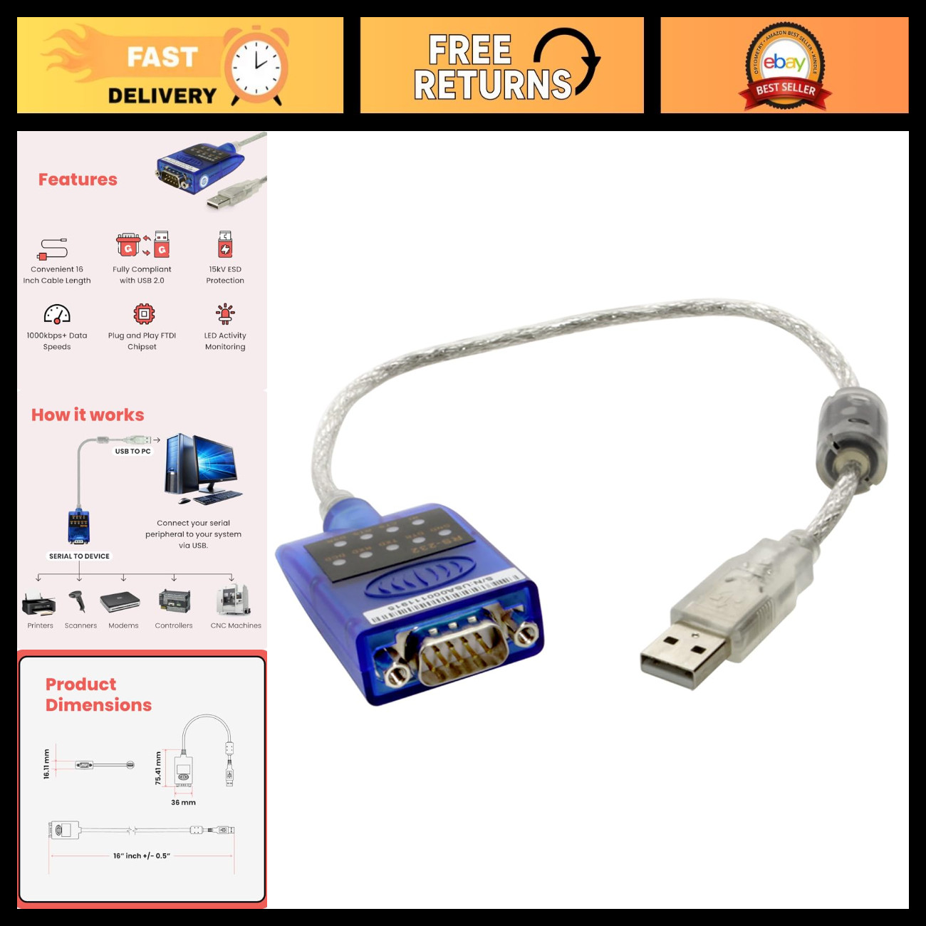 USB to RS-232 Serial Adapter, FTDI Chip, Dual LED Indicators, Plug & Play, 16" C