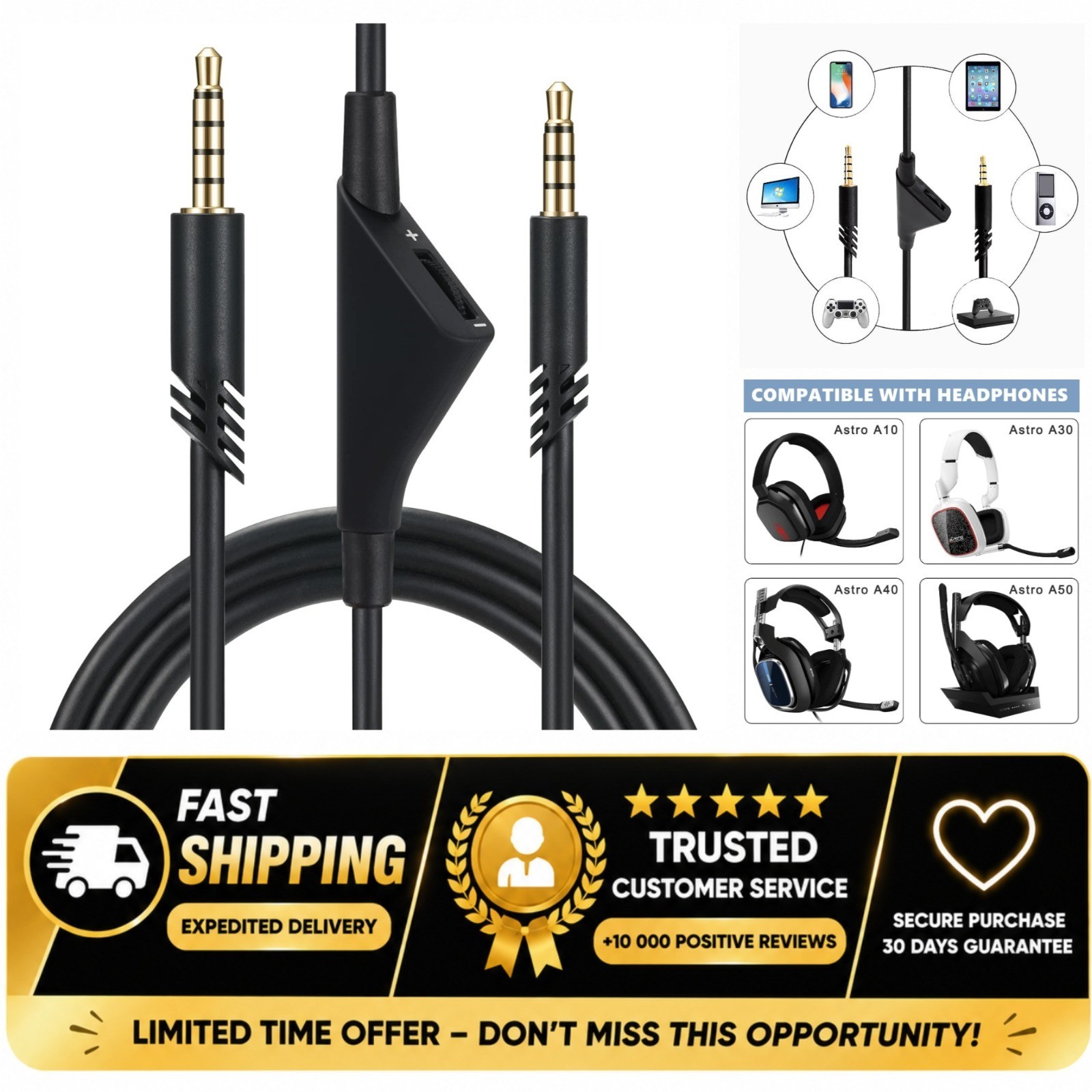 Replacement Aux Cable for Astro A40 A40TR A10 Gaming Headset 2m Volume Control