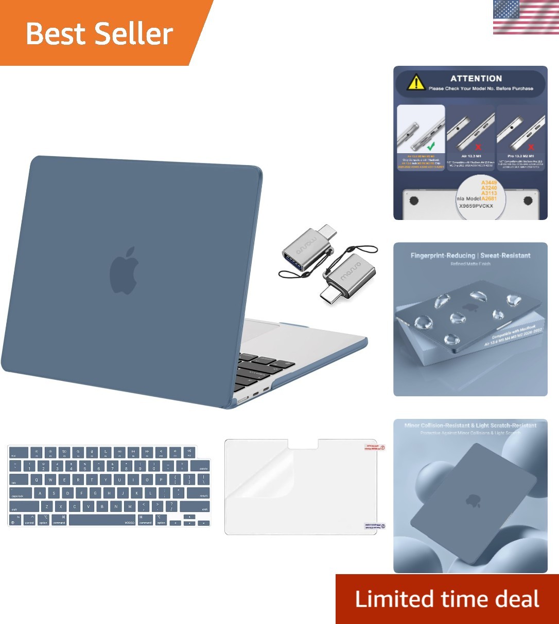 Protective MacBook Air 13-Inch Case & Accessories Bundle - Steel Blue Elegance