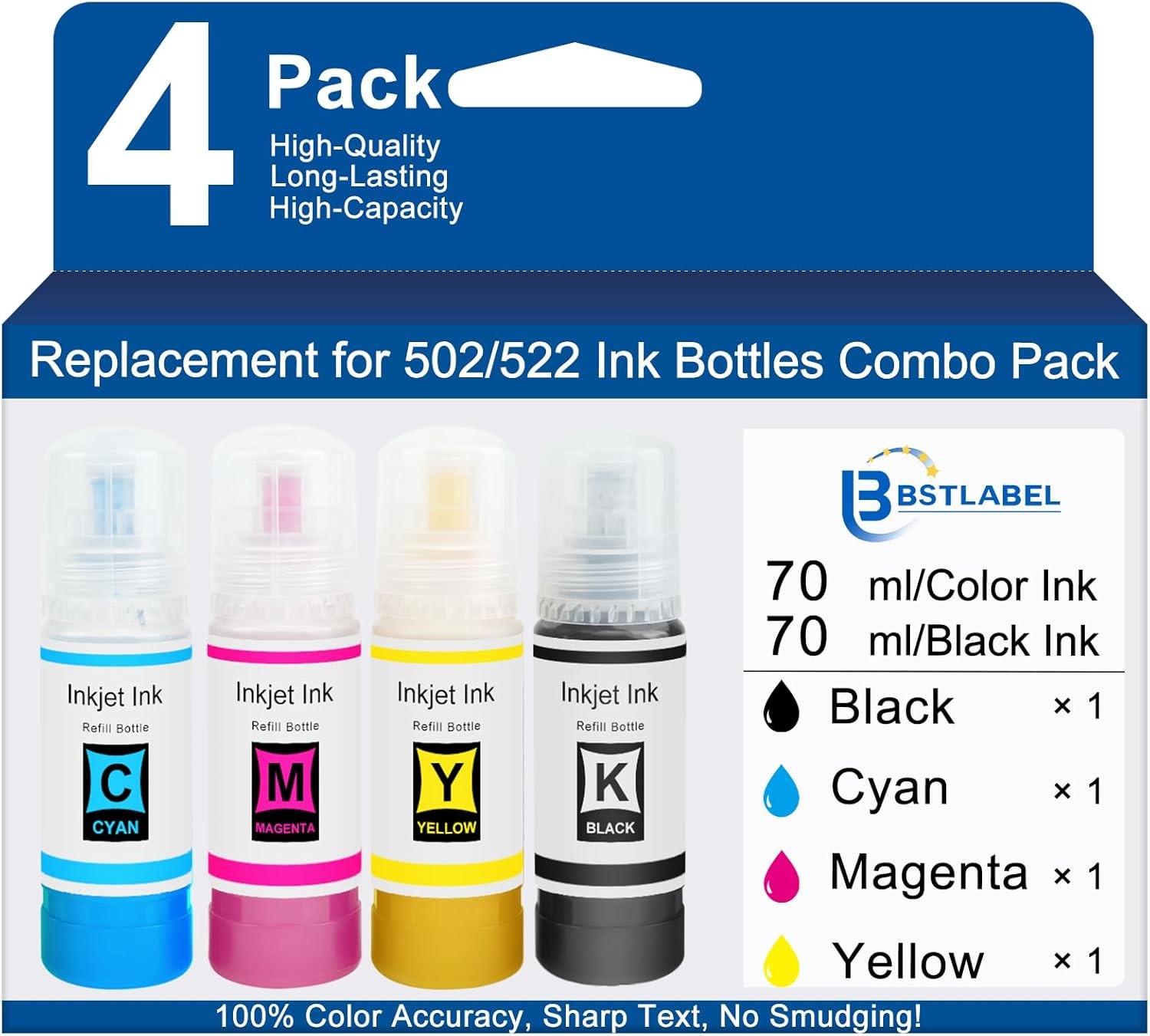 4PK Replacement for Epson 522 High Capacity Ink Refill Bottles ET-2400 ET-2720