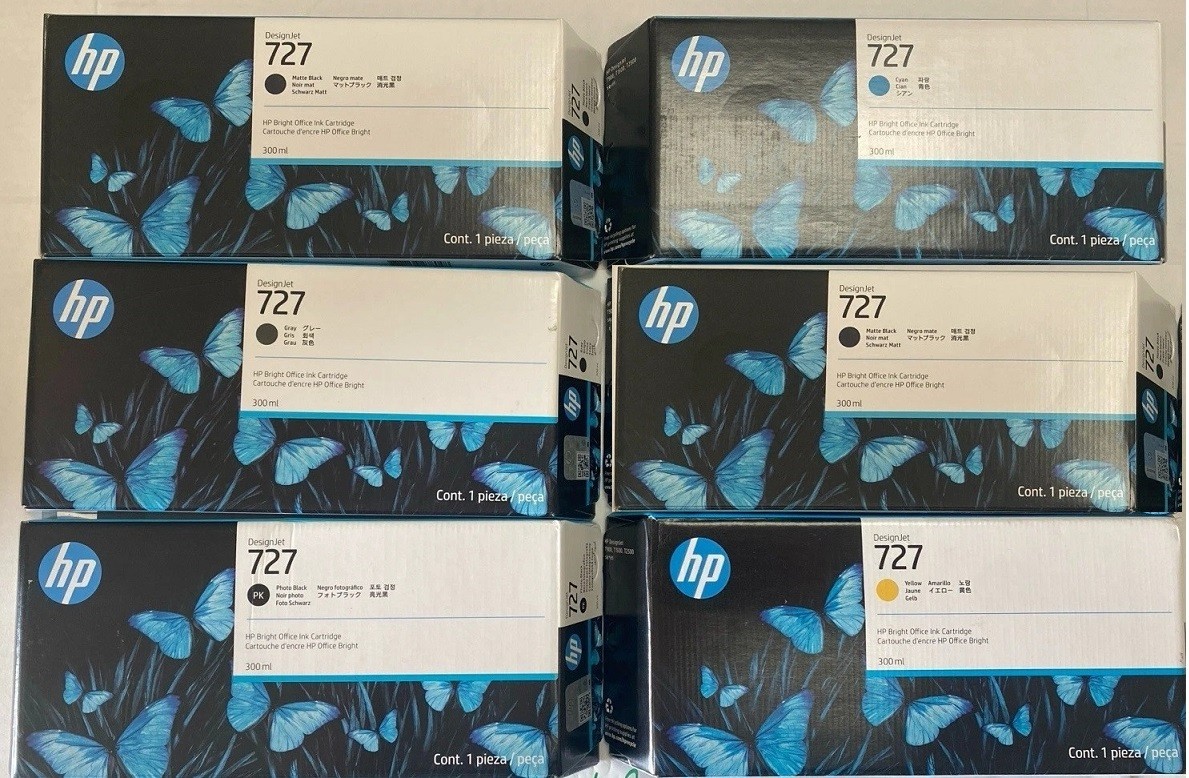 Set 6 Genuine Sealed HP 727 HI YLD Ink Cartridges (EXTRA MATTE K NO MAG) 2020-21