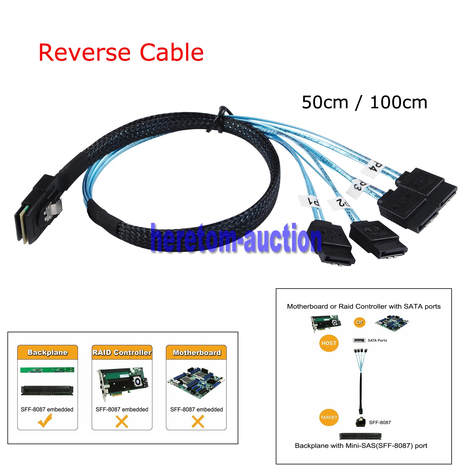 Lot Reverse Cable, Mini SAS SFF-8087 to 4x SATA Reverse Fanout Cable 0.5-1m