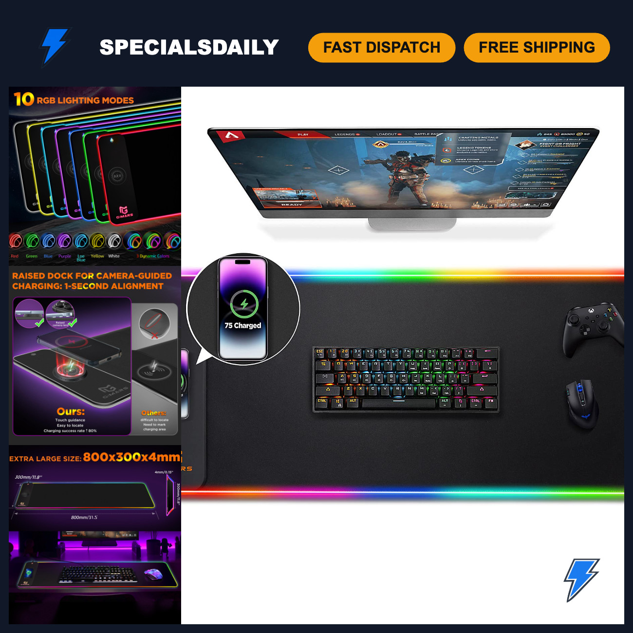 Large RGB Wireless Charging Mouse Pad, 10 Light Modes, Non-Slip Gaming Mat 31.5"